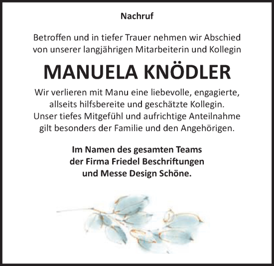 Traueranzeige von Manuela Knödler von Gmünder Tagespost