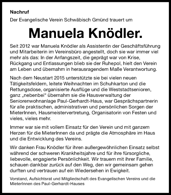 Traueranzeige von Manuela Knödler von Gmünder Tagespost