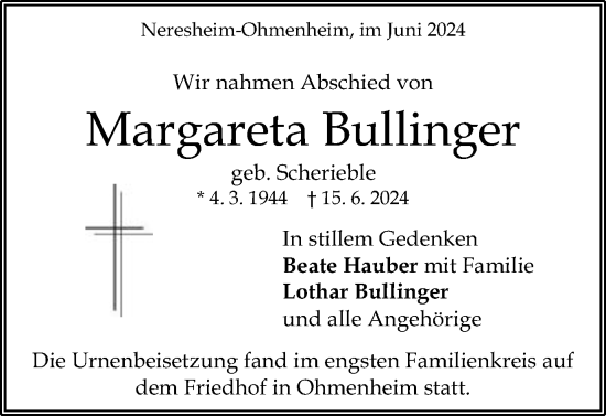 Traueranzeige von Margareta Bullinger von Schwäbische Post
