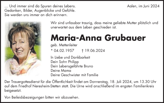 Traueranzeige von Maria-Anna Grubauer von Schwäbische Post