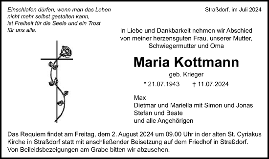 Traueranzeige von Maria Kottmann von Gmünder Tagespost
