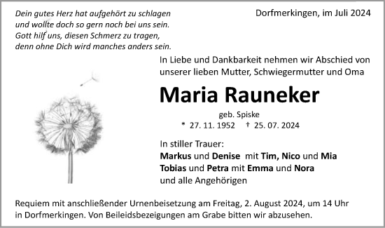 Traueranzeige von Maria Rauneker von Schwäbische Post