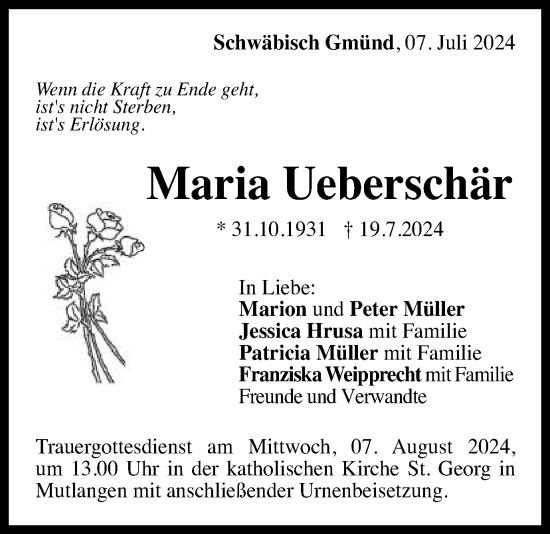Traueranzeige von Maria Ueberschär von Gmünder Tagespost