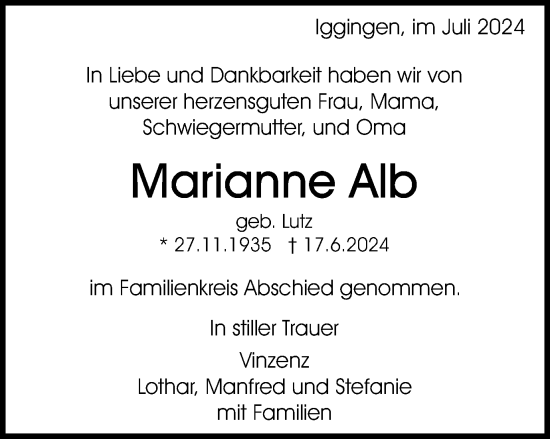 Traueranzeige von Marianne Alb von Gmünder Tagespost