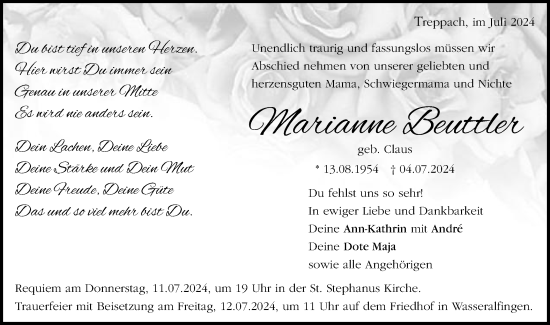 Traueranzeige von Marianne Beuttler von Schwäbische Post
