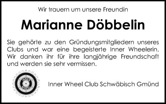 Traueranzeige von Marianne Döbbelin von Gmünder Tagespost