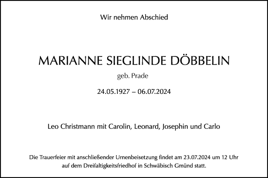 Traueranzeige von Marianne Sieglinde Döbbelin von Gmünder Tagespost