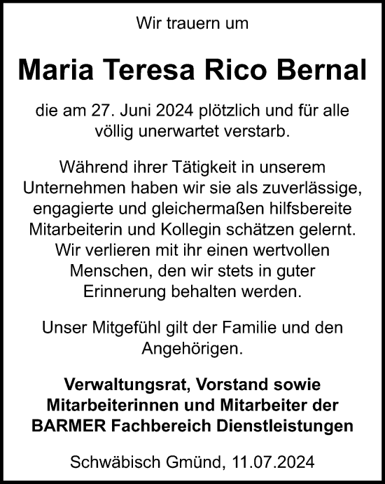 Traueranzeige von Maria Teresa Rico Bernal von Gmünder Tagespost
