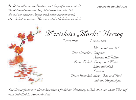 Traueranzeige von Marieluise Herzog von Gmünder Tagespost