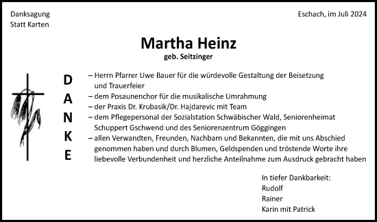 Traueranzeige von Martha Heinz von Gmünder Tagespost