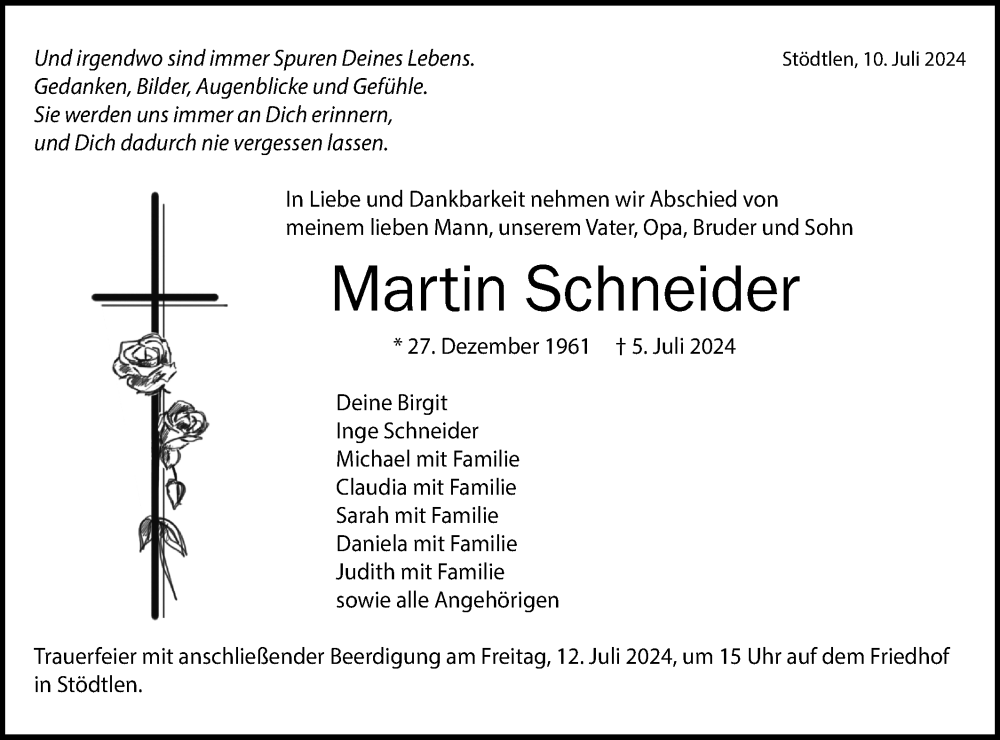  Traueranzeige für Martin Schneider vom 10.07.2024 aus Schwäbische Post