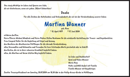 Traueranzeige von Martina Wanner von Schwäbische Post
