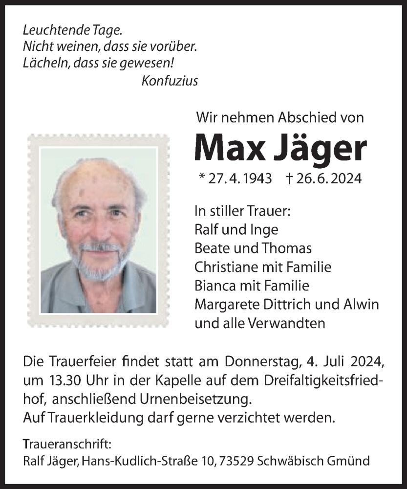  Traueranzeige für Max Jäger vom 02.07.2024 aus Gmünder Tagespost