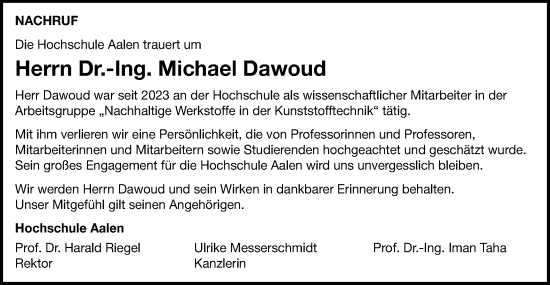 Traueranzeige von Michael Dawoud von Schwäbische Post