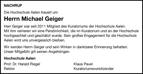 Traueranzeige von Michael Geiger von Schwäbische Post
