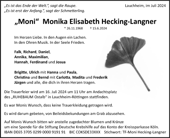 Traueranzeige von Monika Hecking-Langner von Schwäbische Post