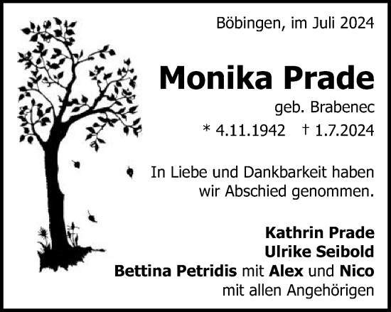 Traueranzeige von Monika Prade von Gmünder Tagespost