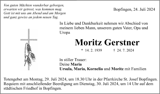 Traueranzeige von Moritz Gerstner von Schwäbische Post