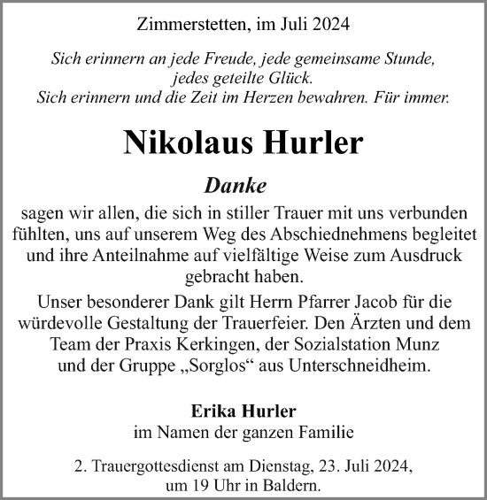 Traueranzeige von Nikolaus Hurler von Schwäbische Post