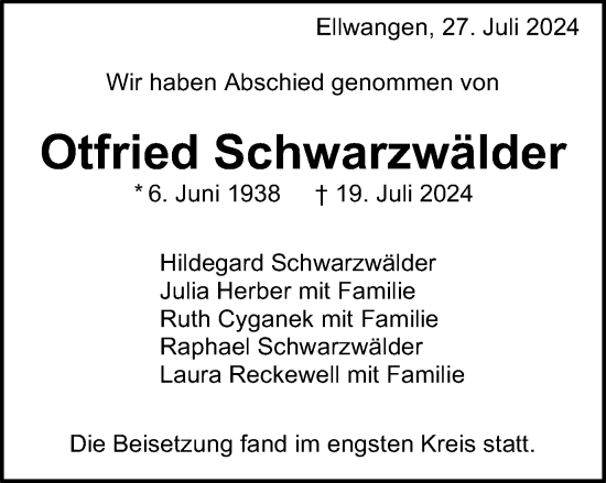 Traueranzeige von Otfried Schwarzwälder von Schwäbische Post