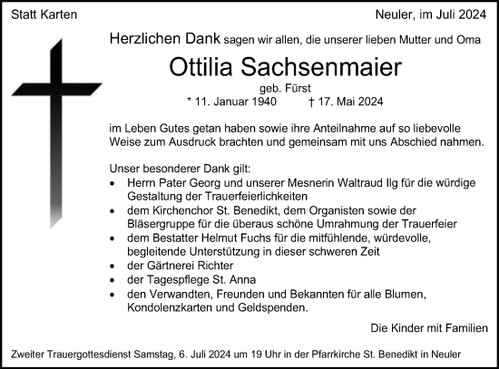 Traueranzeige von Ottilia Sachsenmaier von Schwäbische Post