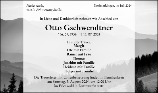 Traueranzeige von Otto Gschwendtner von Schwäbische Post