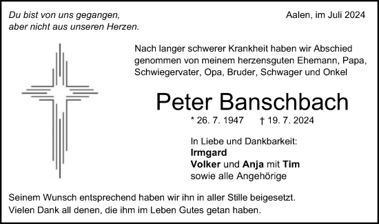 Traueranzeige von Peter Banschbach von Schwäbische Post