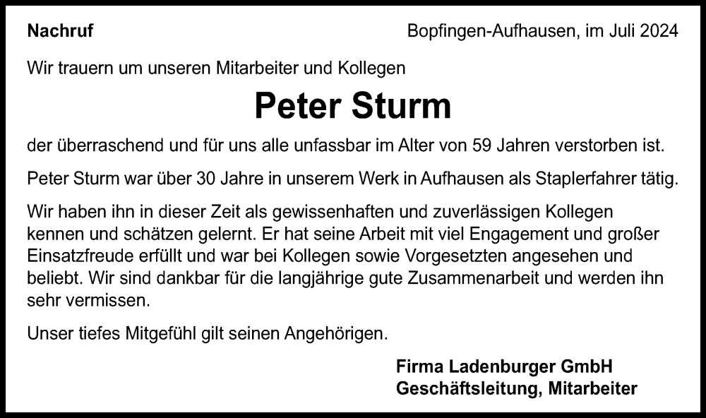  Traueranzeige für Peter Sturm vom 20.07.2024 aus Schwäbische Post