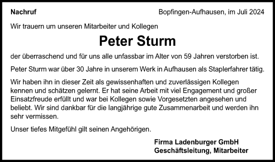 Traueranzeige von Peter Sturm von Schwäbische Post