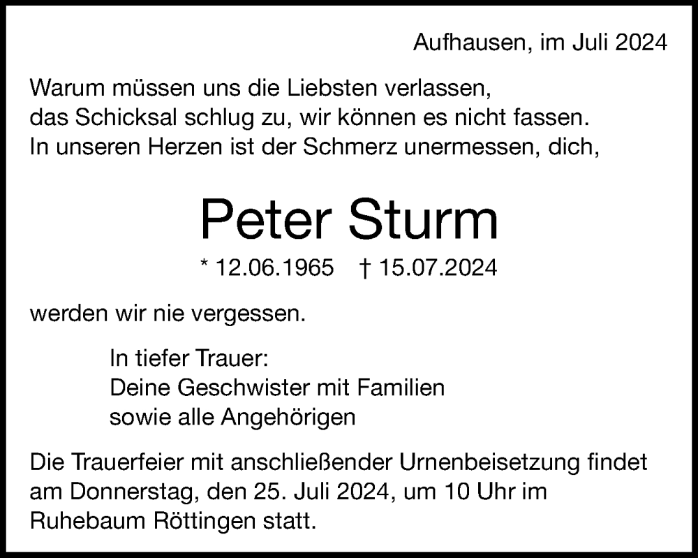  Traueranzeige für Peter Sturm vom 20.07.2024 aus Schwäbische Post