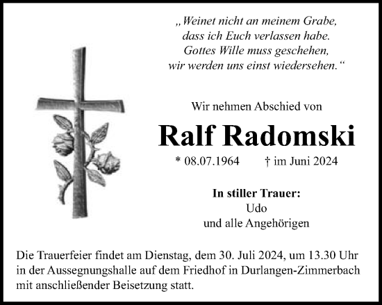 Traueranzeige von Ralf Radomski von Gmünder Tagespost