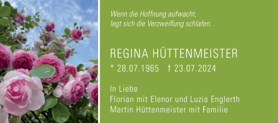 Traueranzeige von Regina Hüttenmeister von Schwäbische Post