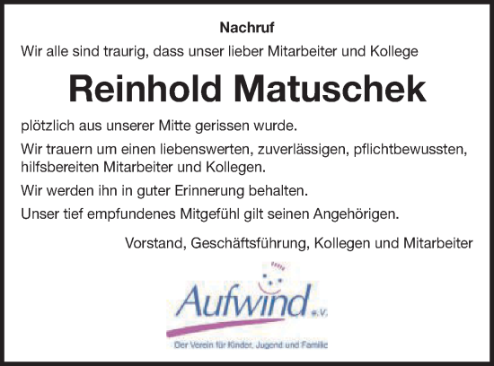 Traueranzeige von Reinhold Matuschek von Schwäbische Post