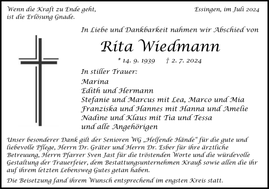 Traueranzeige von Rita Wiedmann von Schwäbische Post