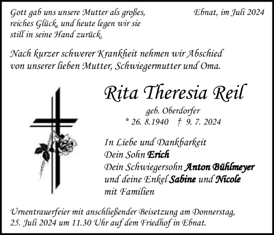 Traueranzeige von Rita Theresia Reil von Schwäbische Post