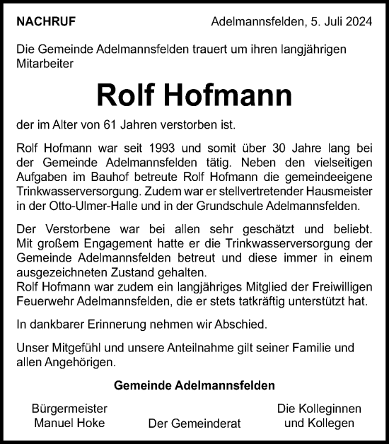 Traueranzeige von Rolf Hofmann von Schwäbische Post
