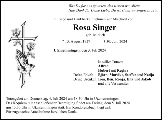 Traueranzeige von Rosa Singer von Schwäbische Post