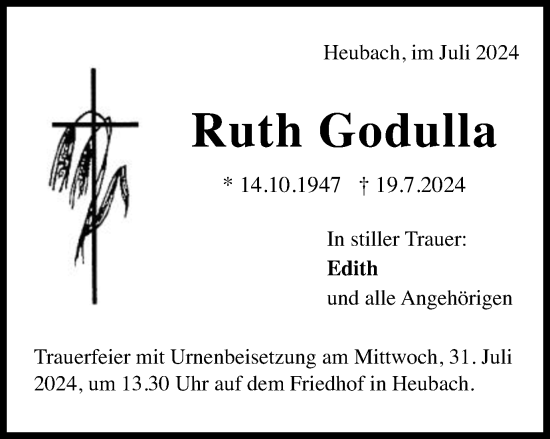 Traueranzeige von Ruth Godulla von Gmünder Tagespost