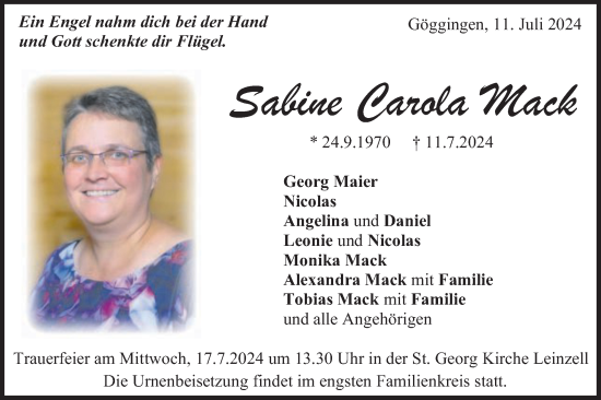 Traueranzeige von Sabine Carola Mack von Gmünder Tagespost