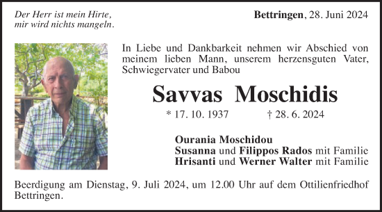 Traueranzeige von Savvas Moschidis von Gmünder Tagespost