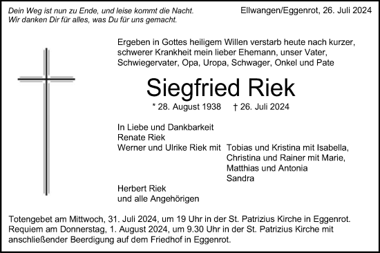 Traueranzeige von Siegfried Riek von Schwäbische Post