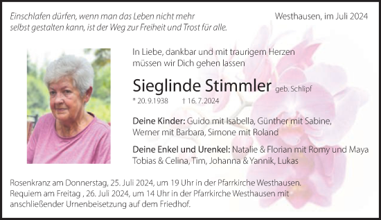 Traueranzeige von Sieglinde Stimmler von Schwäbische Post