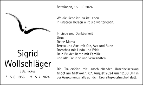 Traueranzeige von Sigrid Wollschläger von Gmünder Tagespost
