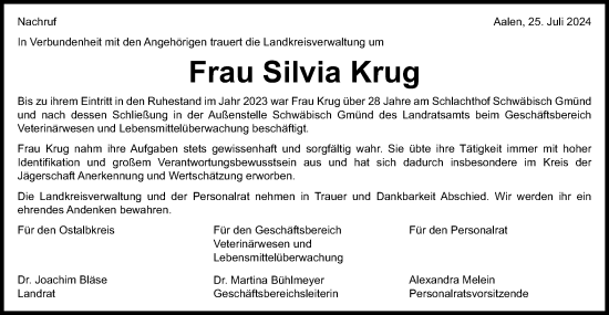 Traueranzeige von Silvia Krug von Schwäbische Post