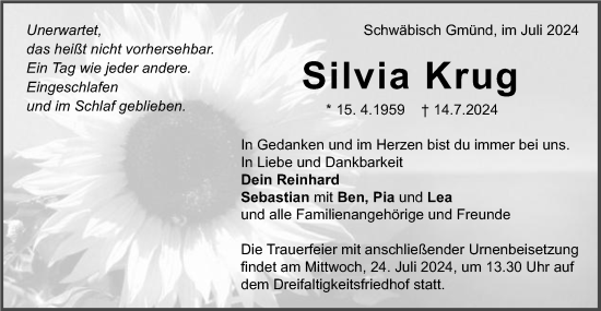 Traueranzeige von Silvia Krug von Gmünder Tagespost