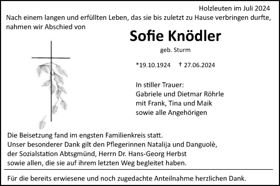 Traueranzeige von Sofie Knödler von Schwäbische Post