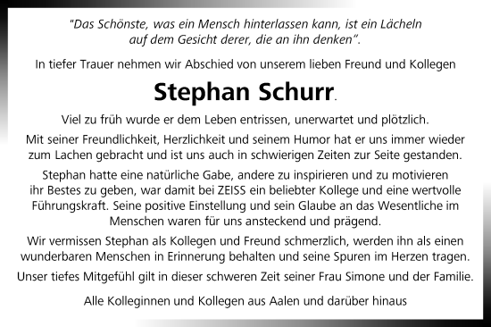 Traueranzeige von Stephan Schurr von Schwäbische Post