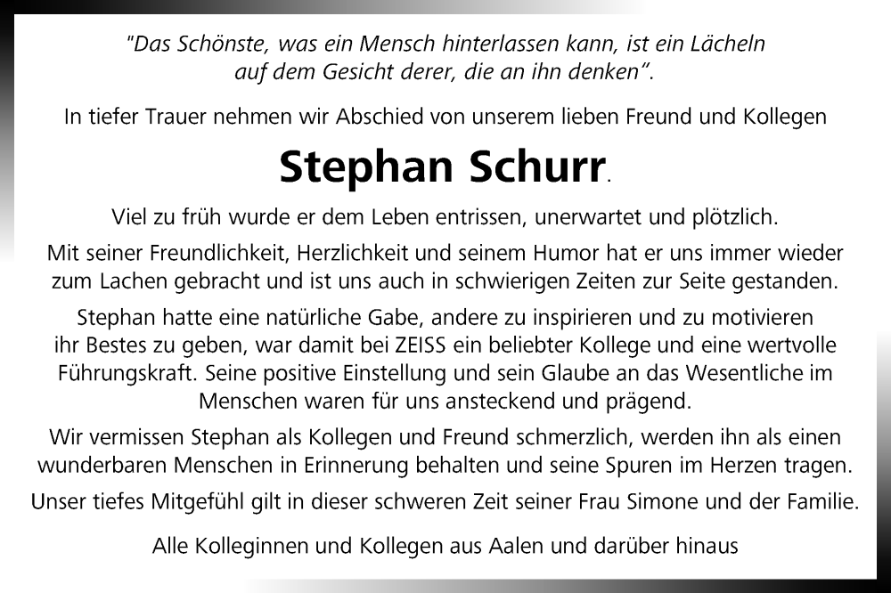  Traueranzeige für Stephan Schurr vom 02.07.2024 aus Schwäbische Post