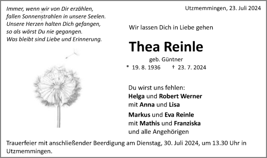 Traueranzeige von Thea Reinle von Schwäbische Post