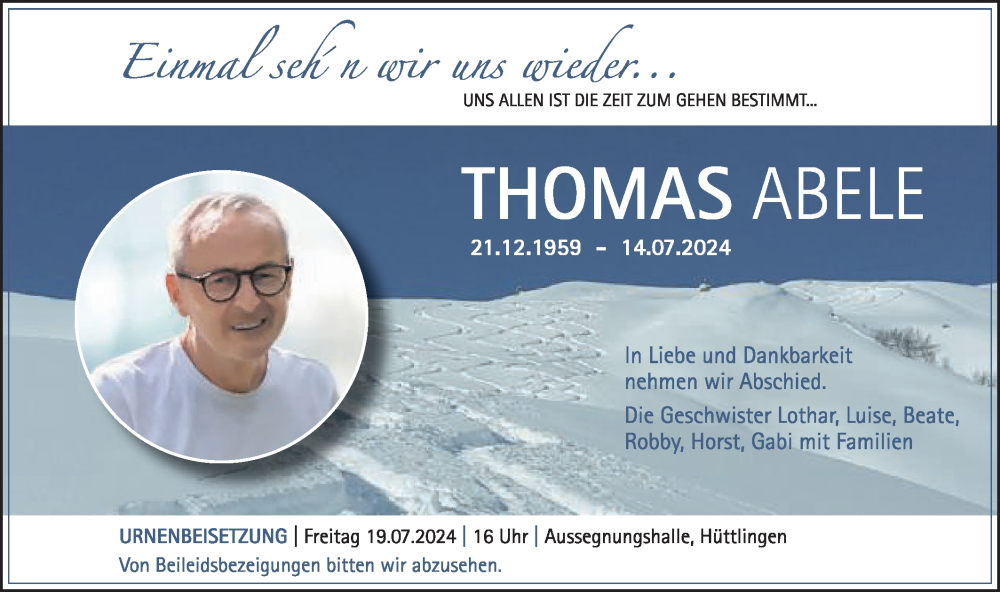  Traueranzeige für Thomas Abele vom 17.07.2024 aus Schwäbische Post
